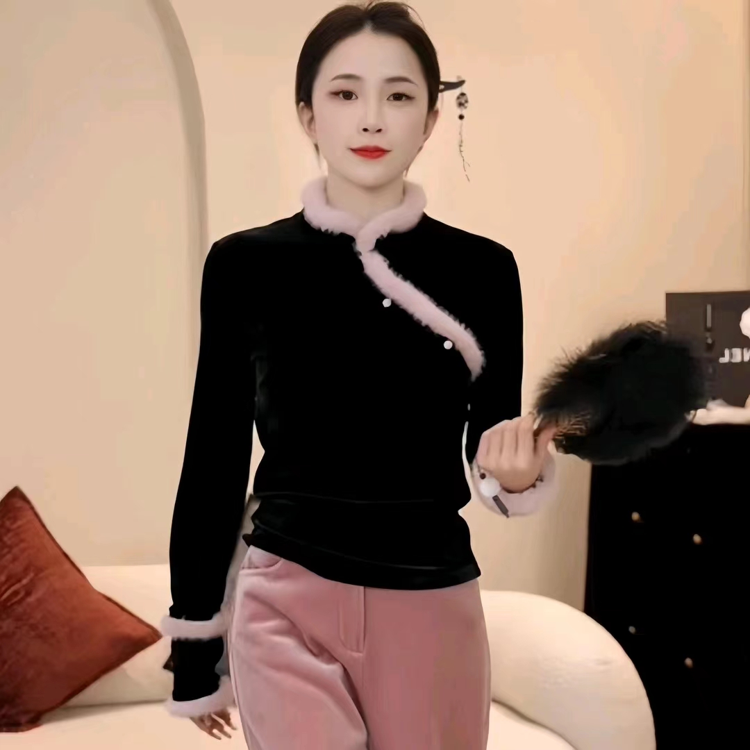 Palace lock heart jade velvet national style new Chinese style splicing fur top women's new retro long-sleeved T-shirt 4059