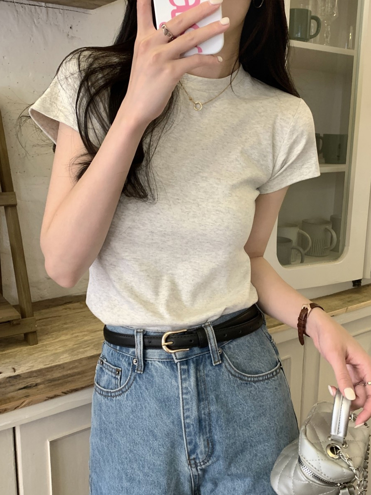 白色正肩短袖T恤女2023夏季小眾百搭修身顯瘦打底衫圓領上衣ins潮