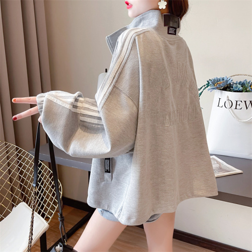 Real shot of 35 cotton Korean style loose large size embroidered zipper cardigan autumn thin sweatshirt for women