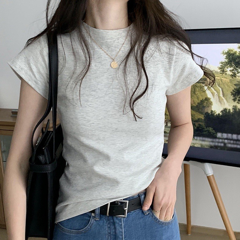 Official photo 6535 stretch cotton 2024 new summer style slim fit round neck right shoulder versatile short sleeves
