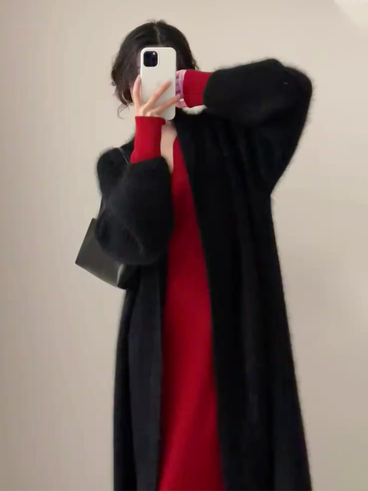 冬裝搭配一整套氣質名媛針織開衫過年紅色毛衣連衣裙子配大衣套裝