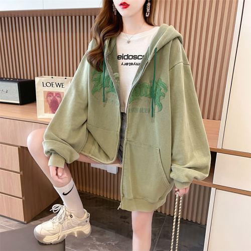 First real shot of cotton Korean style loose large size hooded embroidered horn zipper thin sweatshirt for women