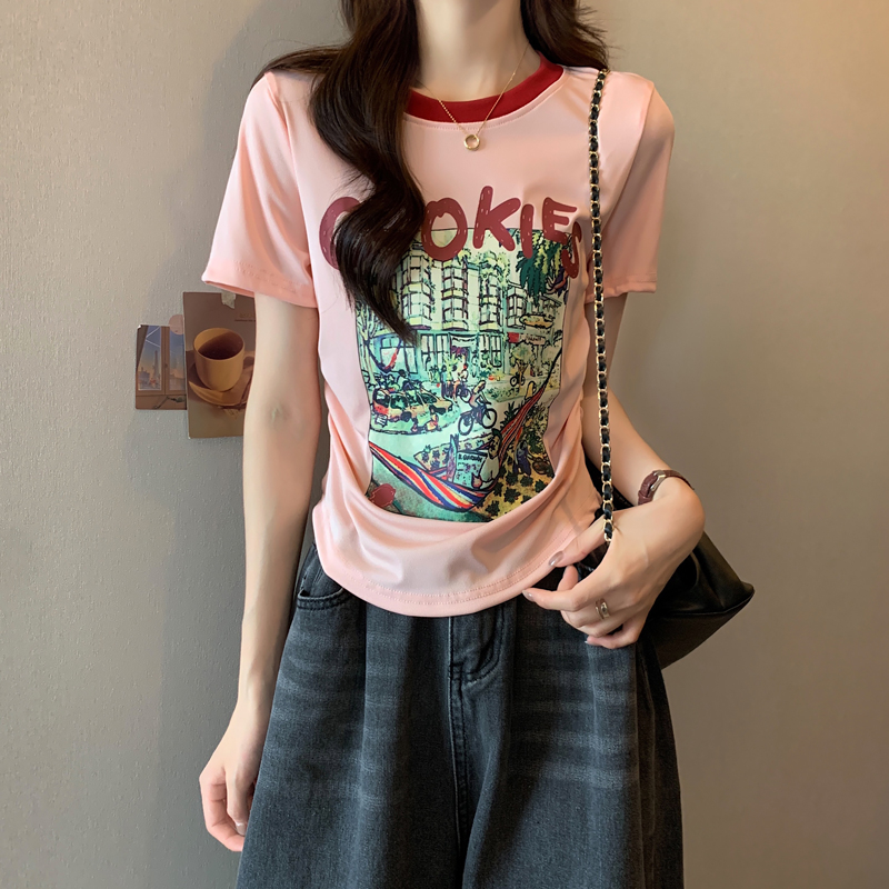 實拍大碼印花藝術繪畫圓領t恤夏女新短袖正肩遮肉百搭顯瘦上衣