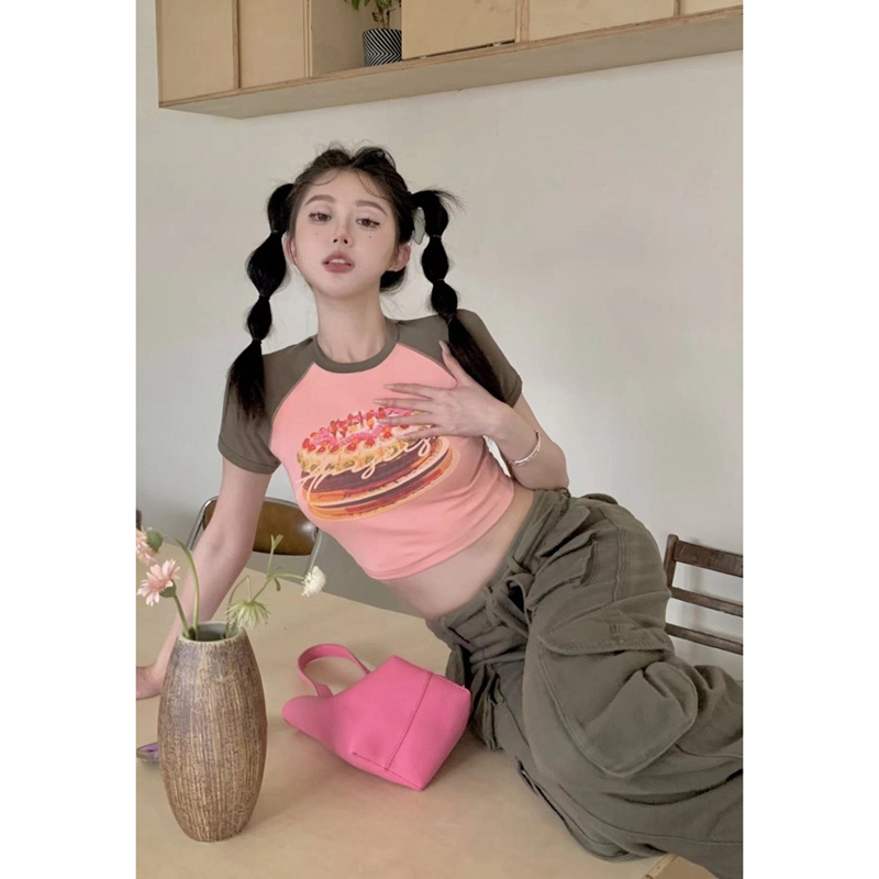 官圖 6535拉架棉 美式復古撞色短袖印花T恤女夏季小個子辣妹