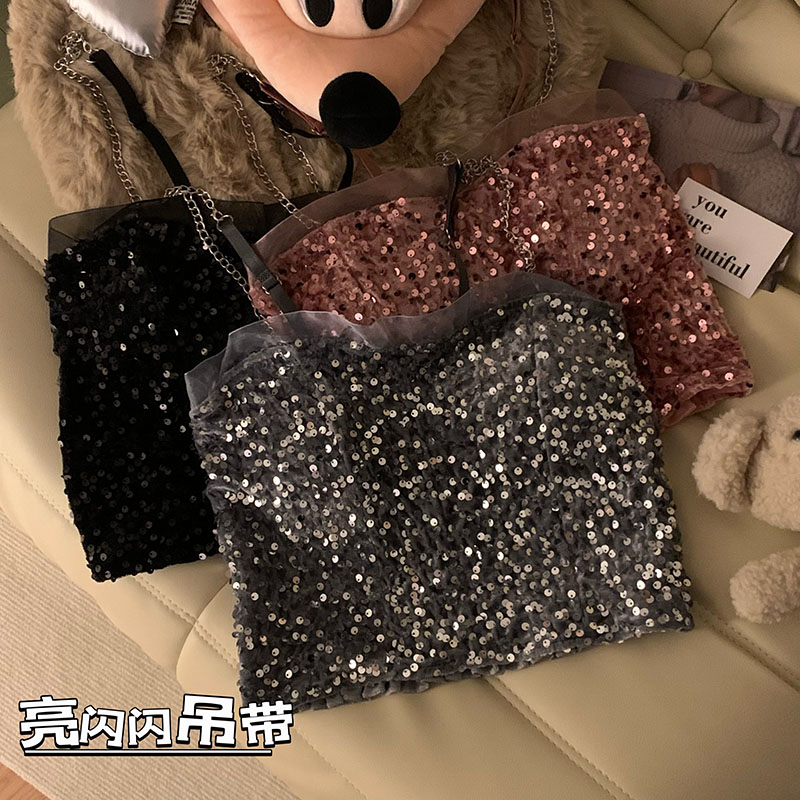 實拍 新款辣妹吊帶背心女細閃閃亮片短款帶胸墊內搭上衣