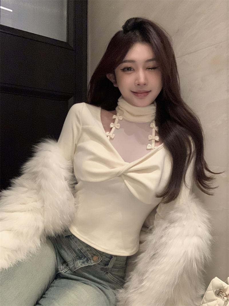 Actual shot of Soft Mist Moonlight Mesh Splicing Design Tops and Bottoming Shirts Be Careful