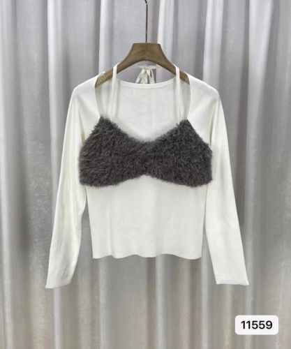 Sweet and Spicy Retro Style Gray Halter Neck Furry Splicing Long Sleeve Slim Fit Bottoming Versatile Top T-Shirt