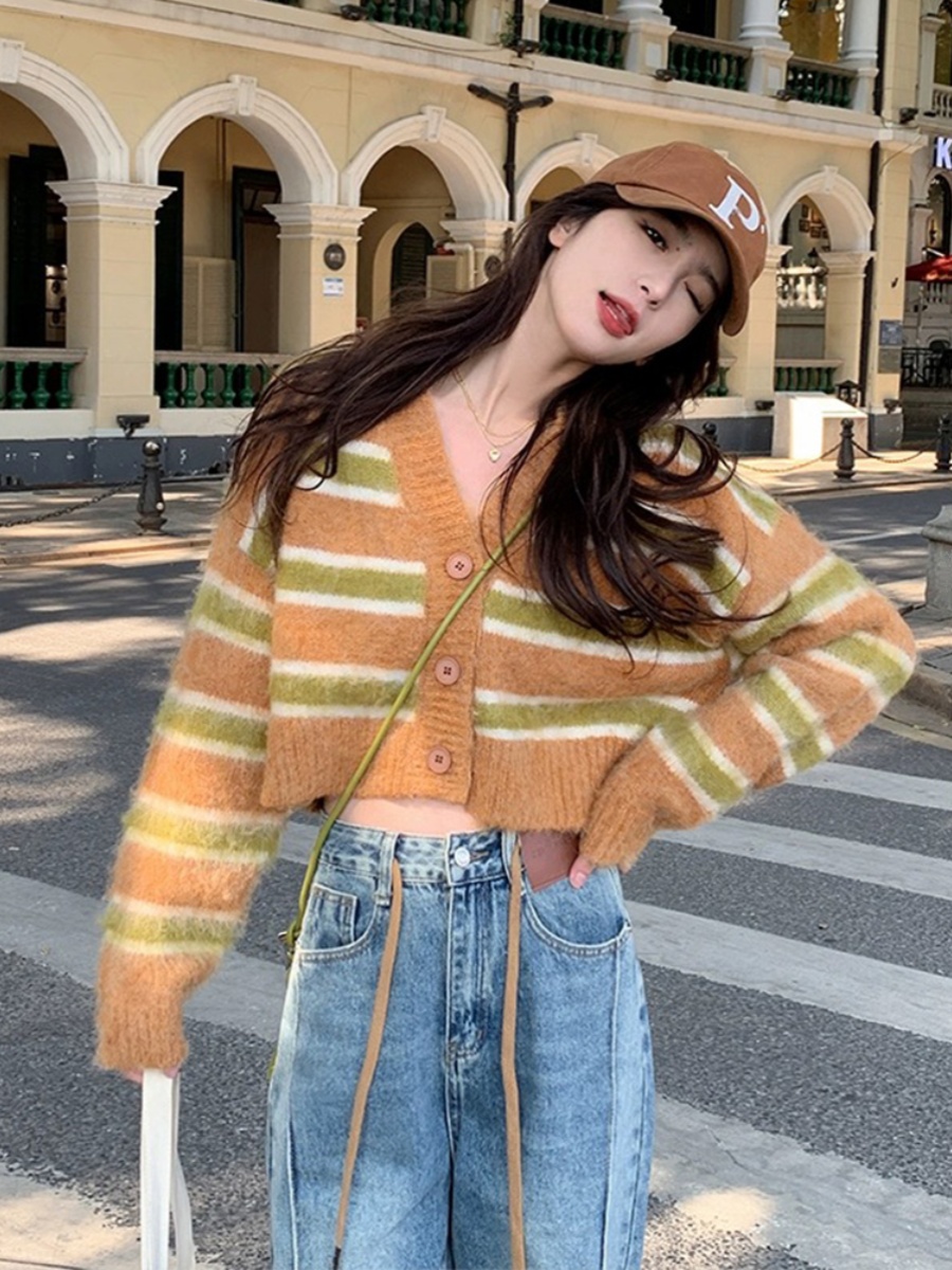 2024 Early Autumn Mohair High-Quality Striped V-neck Knitted Cardigan for Women Thin and Temperamental Short Sweater for Women