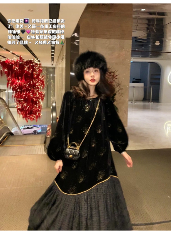 大Eees 許願煙花 暖美人高級感仙女連衣裙女冬季重工精緻加絨裙子