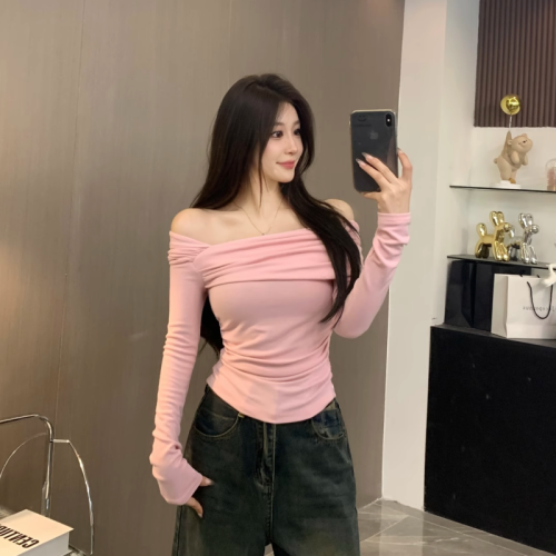 Spring 40 count 92 cotton 8 spandex 210g quality long-sleeved hot girl one-shoulder T-shirt for women large size M-4XL