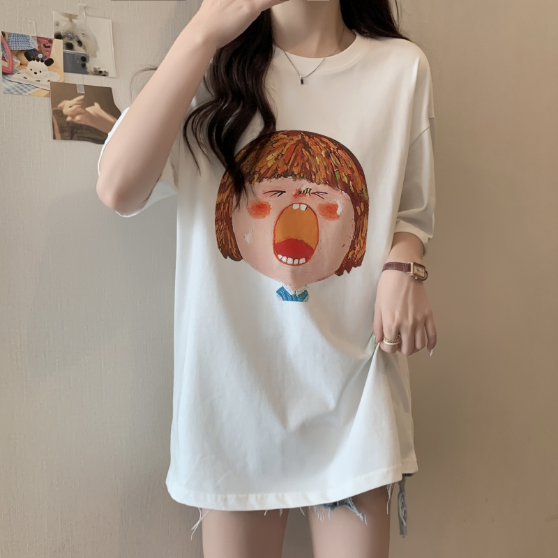 實拍 100%棉精梳純棉 印花夏裝短袖T恤女寬鬆韓版