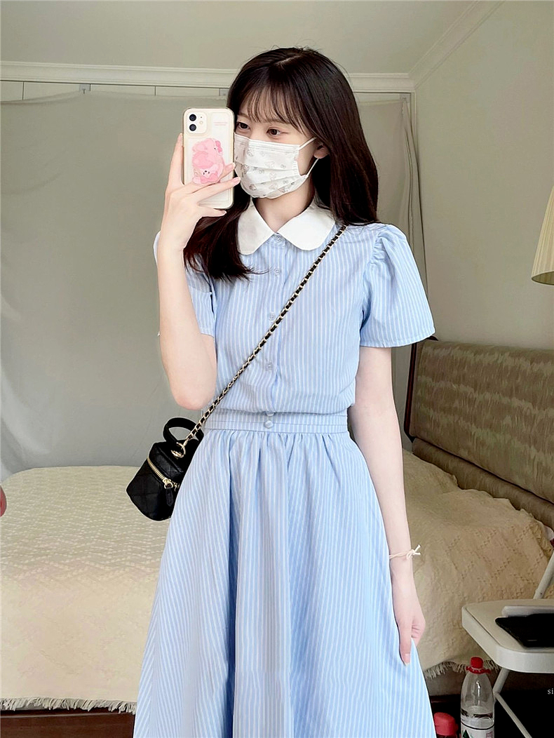 韓系甜美奶乖娃娃領條紋襯衫套裝夏季減齡藍色半身裙兩件套小個子