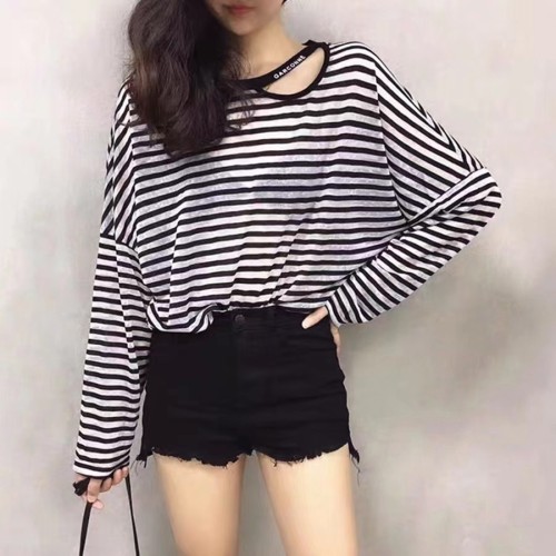 2024 Spring New Korean Style Loose Thin T-shirt Long Sleeve Bottoming Top Internet Celebrity Scheming Striped T-Shirt for Women