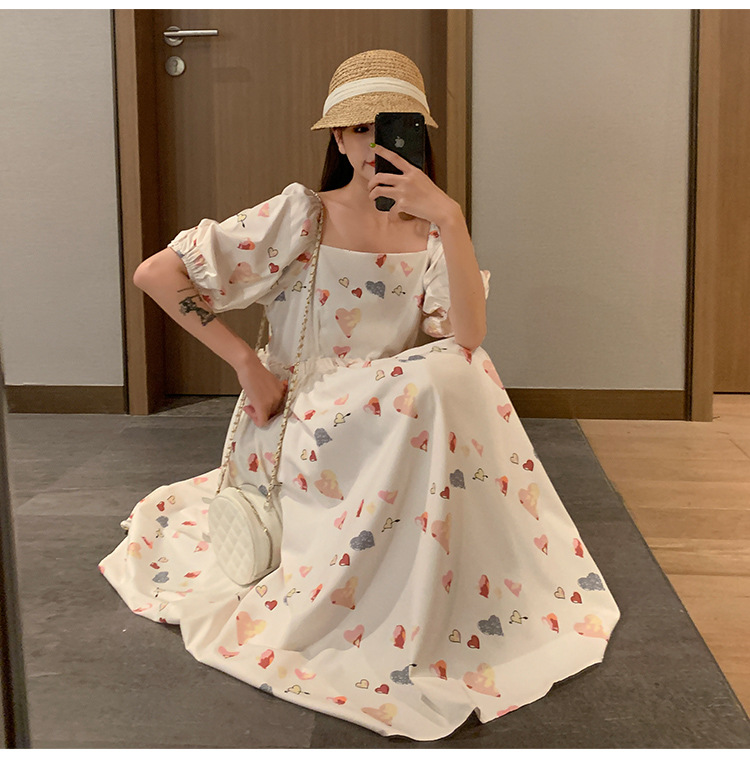 Sisters wear summer 2023 new forest style besties mid-length waist slimming floral square neck suspender dress for women