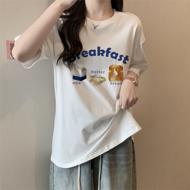 實拍 100%棉精梳純棉 印花夏裝短袖T恤女寬鬆韓版