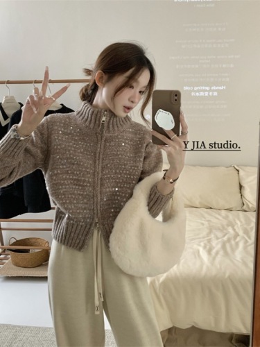 韩系高级设计感亮片加厚立领显瘦双头拉链毛衣女冬款百搭针织开衫