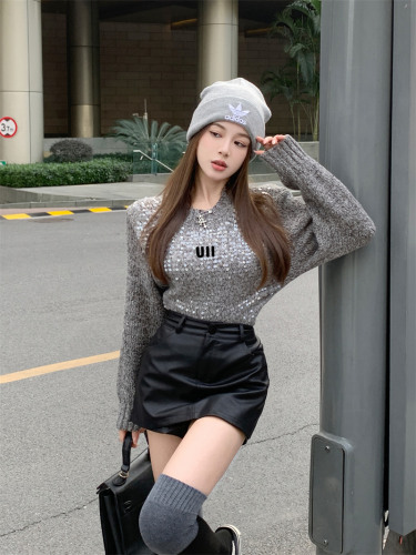 Actual shot of sequined short sweater + black leather culottes + black cotton jacket for women, mid-length loose cotton coat
