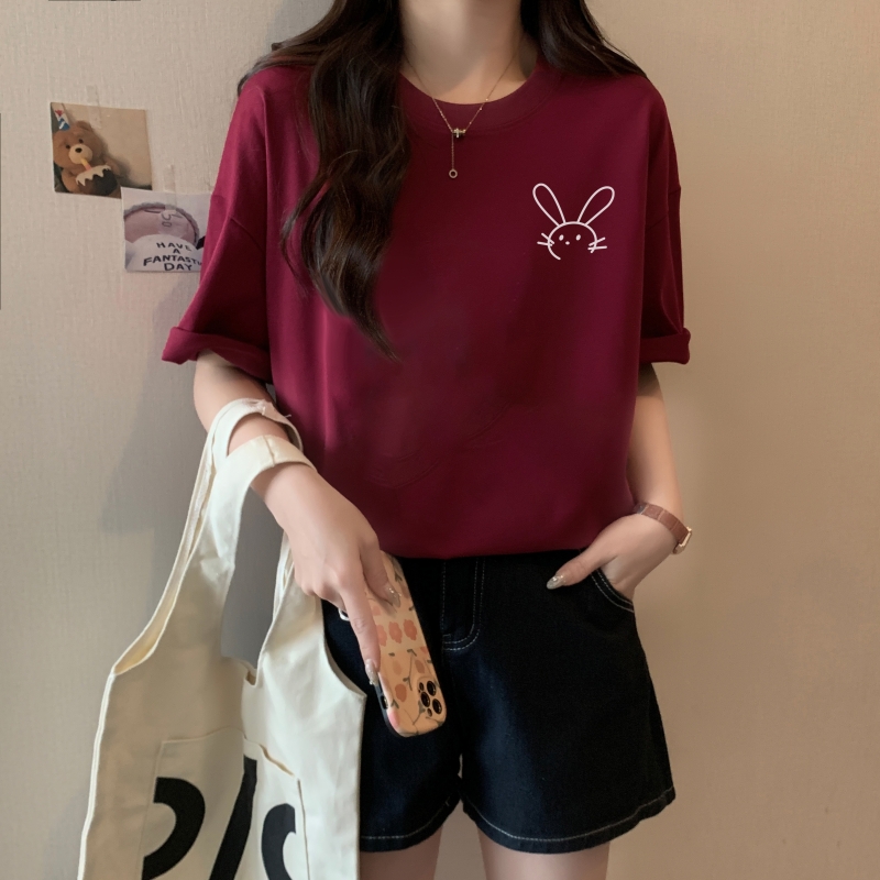實拍 100%棉精梳純棉 印花夏裝短袖T恤女寬鬆韓版