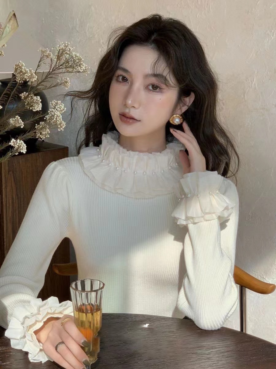 Xiaoxiangfeng Palace Puff Sleeve Knitted Sweater Spring, Autumn and Winter Half Turtle Collar Bottoming Shirt with Pure Desire Versatile Top Sweater