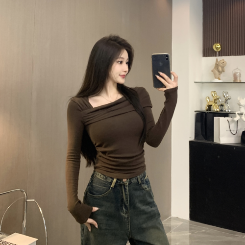 Spring 40 count 92 cotton 8 spandex 210g quality long-sleeved hot girl one-shoulder T-shirt for women large size M-4XL