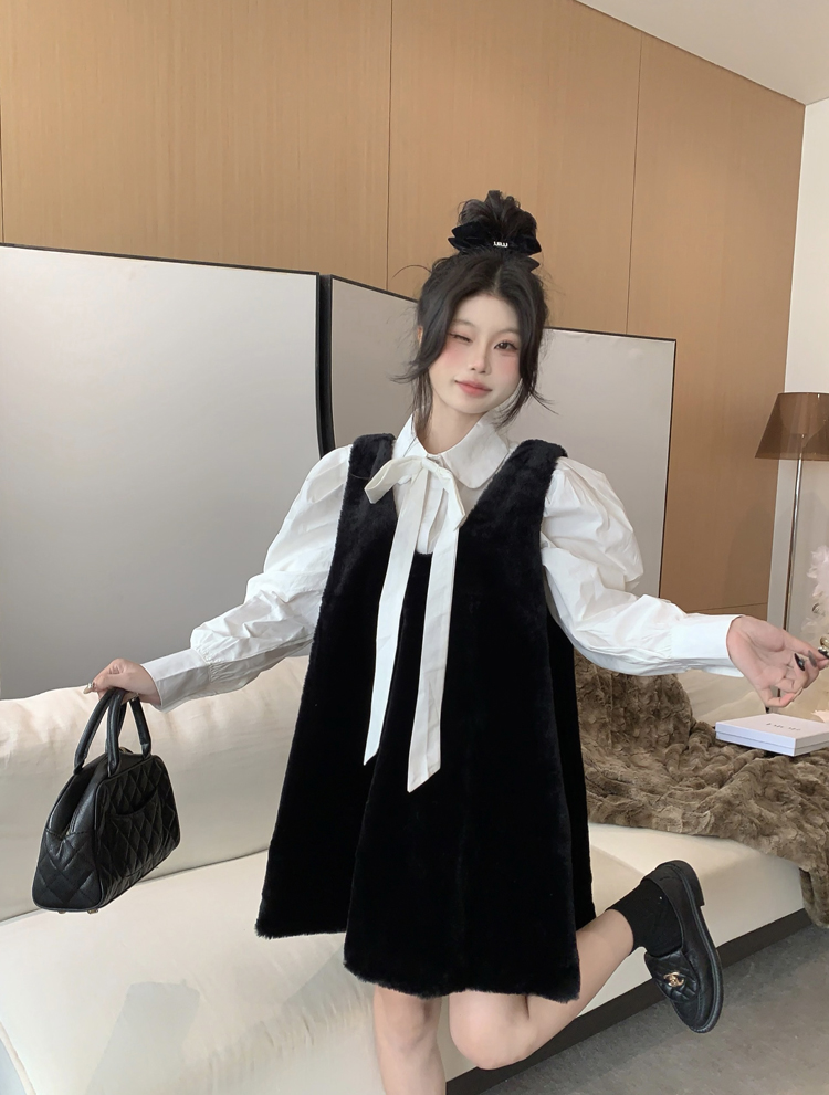 實拍 新年黑色絲絨背帶連衣裙高腰小個子蝴蝶結襯衫兩件套