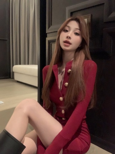 Real shot red temperament zipper tight fashion suit hip-covering skirt + top