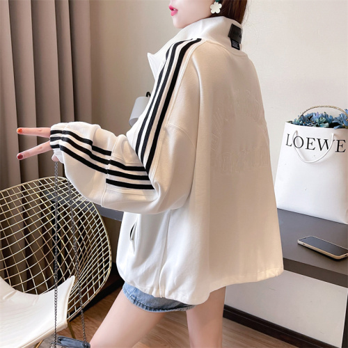 Real shot of 35 cotton Korean style loose large size embroidered zipper cardigan autumn thin sweatshirt for women