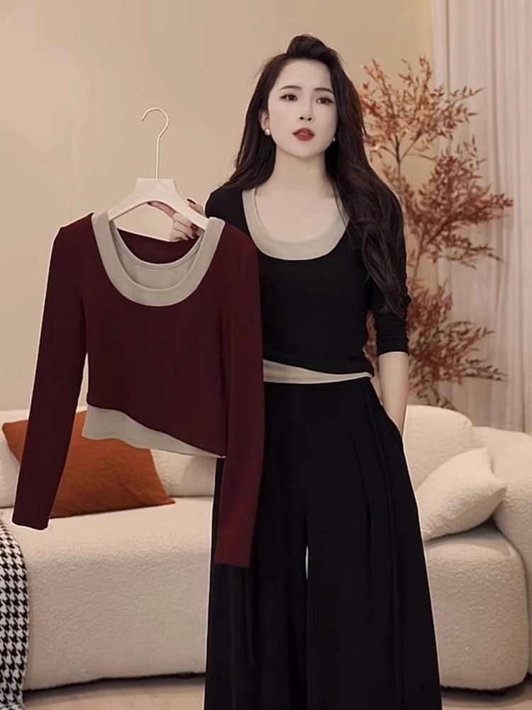 92 cotton 8 spandex 2024 spring fake two-piece long-sleeved t-shirt for women