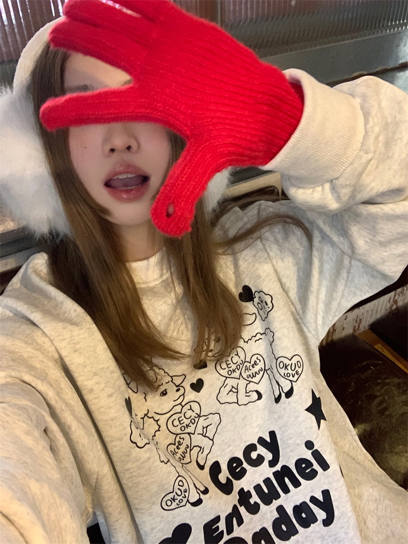 實拍~原創  韓系復古素描小羊印花加絨銀狐絨寬鬆衛衣