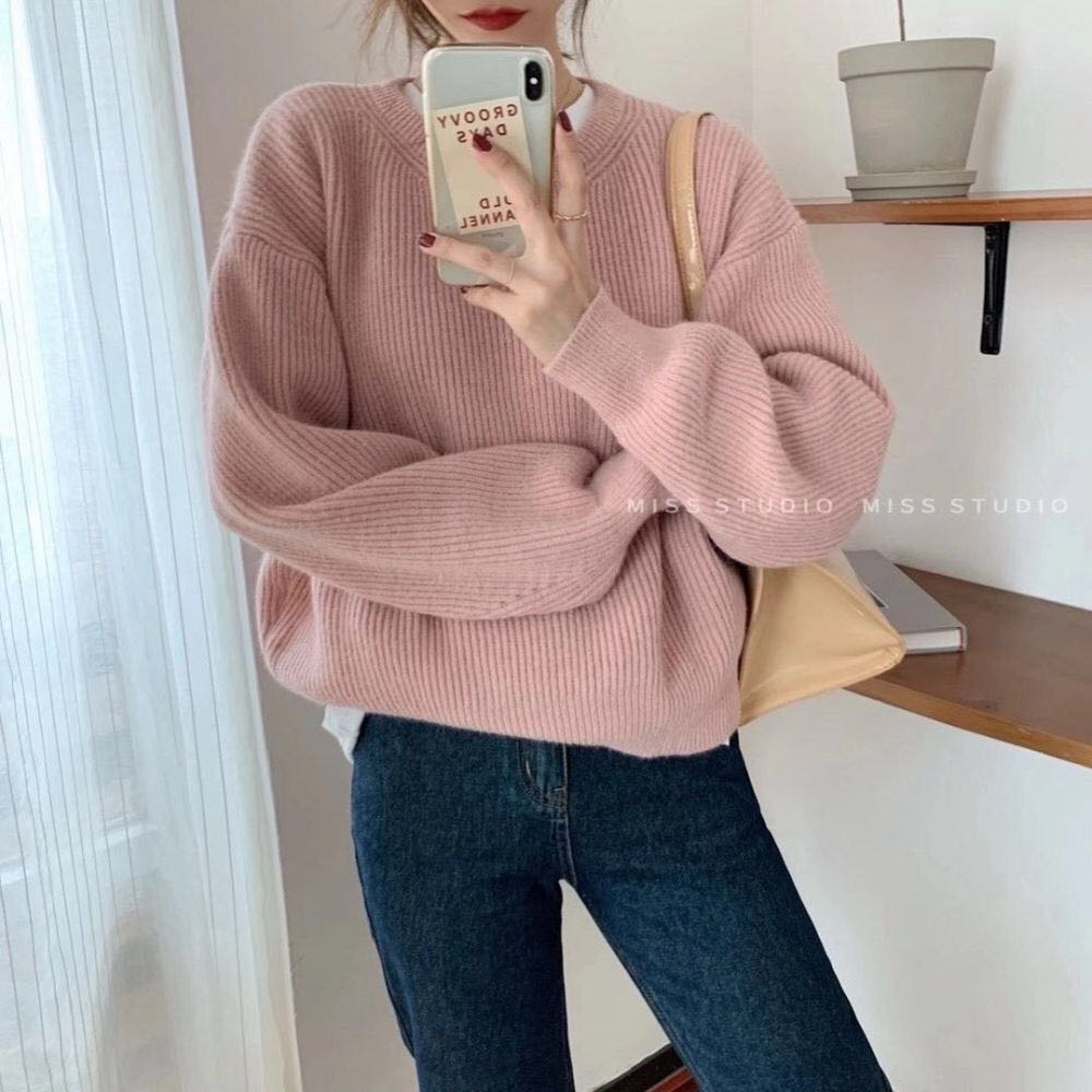 Lazy style pink pullover sweater for women new autumn style loose slimming chic solid color sweater sweater