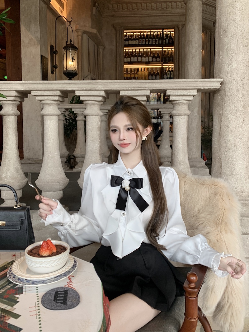 實拍 白色緞面襯衫蝴蝶結法式甜美別致上衣荷葉邊高級感襯衣