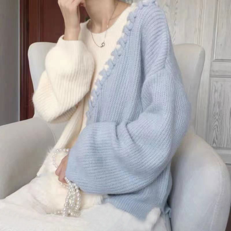 軟奶藍藍色日系甜美很仙的毛衣寬鬆外穿套頭拼接拼色秋款女裝新款