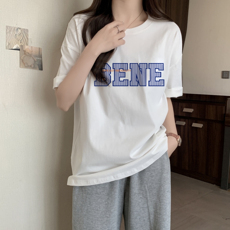實拍 100%棉精梳純棉 印花夏裝短袖T恤女寬鬆韓版