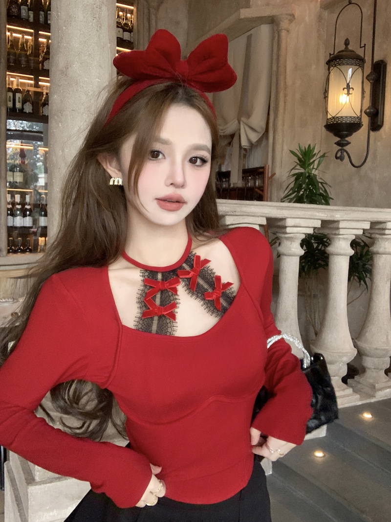 Real shot of Tea Party Tianmanji Pure Desire Design Slim Fit Thin Velvet Long Sleeve Bottoming with Breast Pad for Women