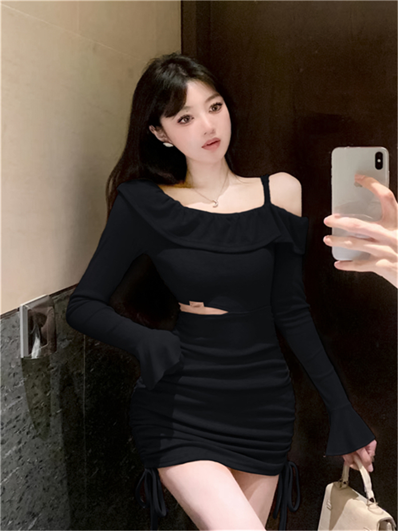 Pure lust temperament ruffled trumpet sleeves slanted shoulder drawstring slim dress fashionable Korean style small butt-hugging skirt for women
