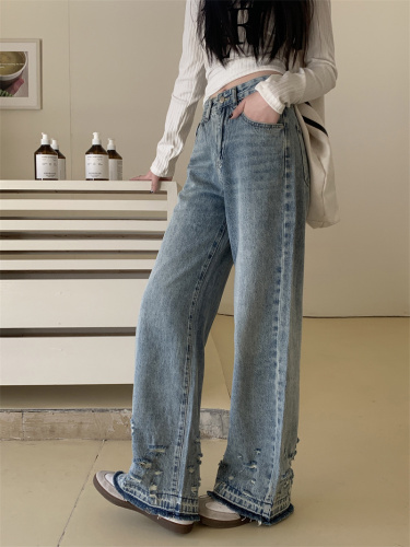 Actual shot of spring loose straight-leg pants, ripped raw edge pants, versatile and trendy wide-leg loose jeans for women