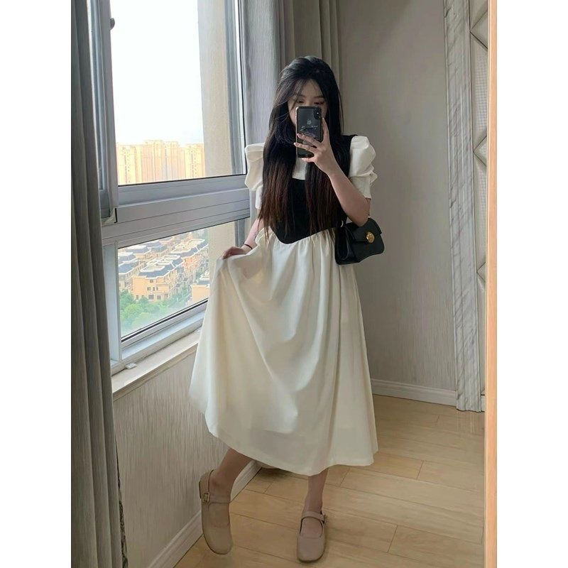 法式甜美拼接氣質收腰減齡假兩件連衣裙子女學生夏季高級感初戀裙