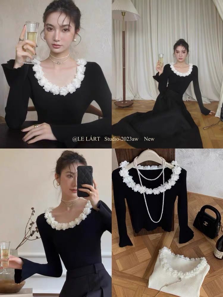 包芯紗#小眾高級氣質甜美立體花朵針織衫女法式設計感優雅喇叭袖