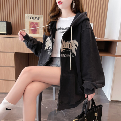 First real shot of cotton Korean style loose large size hooded embroidered horn zipper thin sweatshirt for women