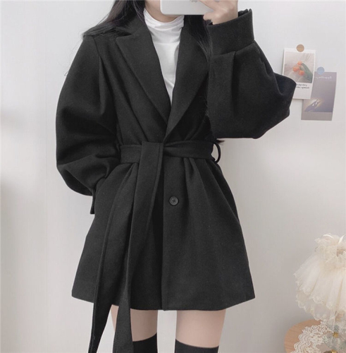 Korean style autumn and winter wear with strappy temperament, small suit collar, Hepburn style mid-length woolen women's coat, thin coat