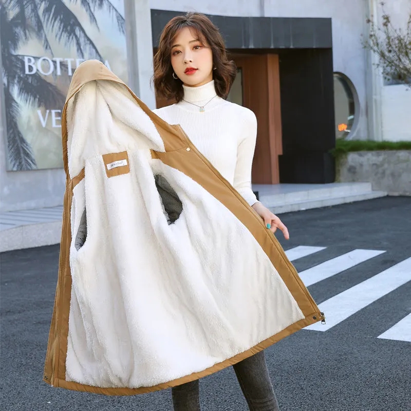 Winter thickening new heavy-duty velvet mid-length windbreaker jacket lamb wool cotton clothing zipper button original method