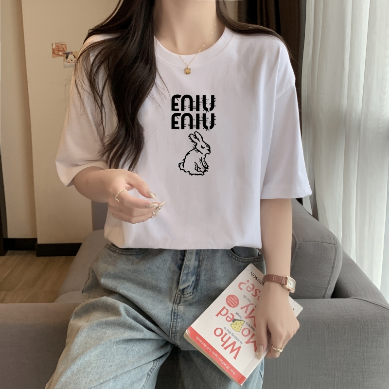 實拍 100%棉精梳純棉 印花夏裝短袖T恤女寬鬆韓版