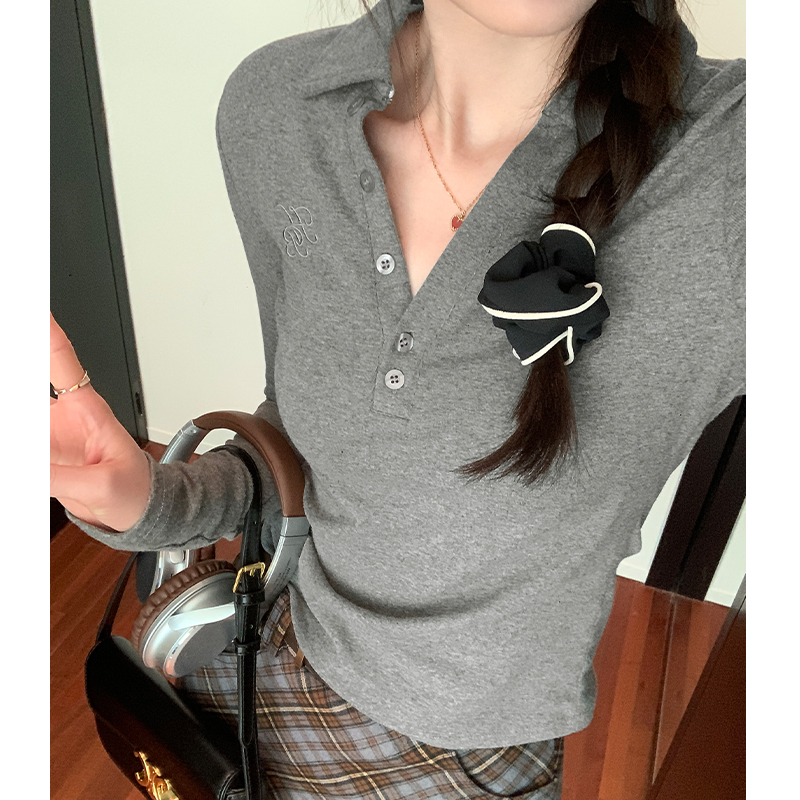實拍圖復古polo領刺繡修身顯瘦正肩長袖T恤女2023秋冬打底衫上衣
