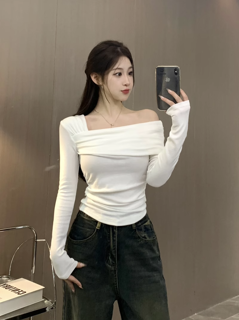 Spring 40 count 92 cotton 8 spandex 210g quality long-sleeved hot girl one-shoulder T-shirt for women large size M-4XL