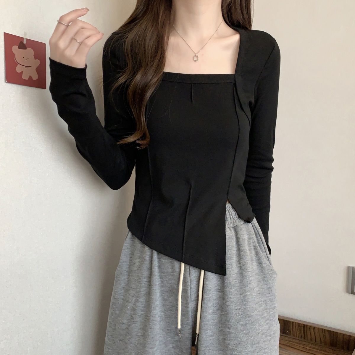 Spring 40 count 92 cotton 8 spandex 210g quality right shoulder niche long-sleeved T-shirt for women large size M-4XL