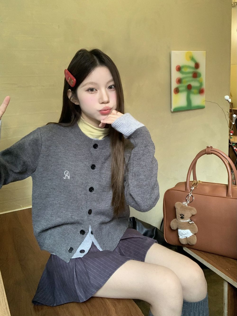 實拍三標齊穿搭簡法撞色假兩件開衫毛衣外套女