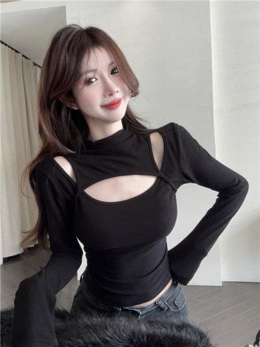 Actual shot of niche sexy slim-fit high-neck bottoming shirt for women with a sense of design and a knitted T-shirt top