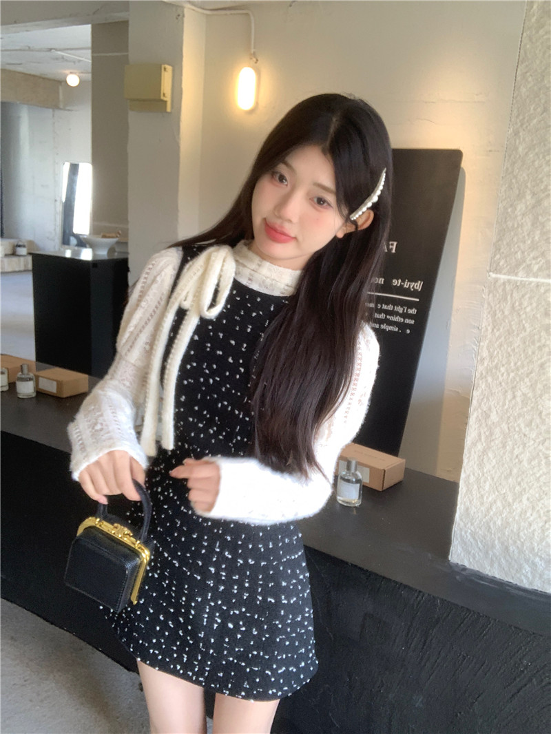 實拍新款韓版蝴蝶結打底衫上衣+小香風背心裙時尚兩件套套裝