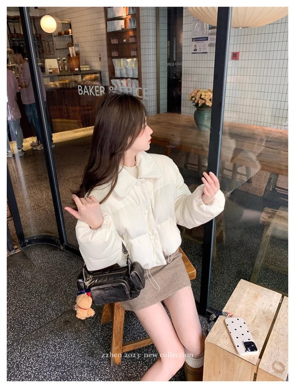 Zhenzhenjia soymilk puff corduroy down jacket for winter 90 white duck down stand collar short down jacket winter