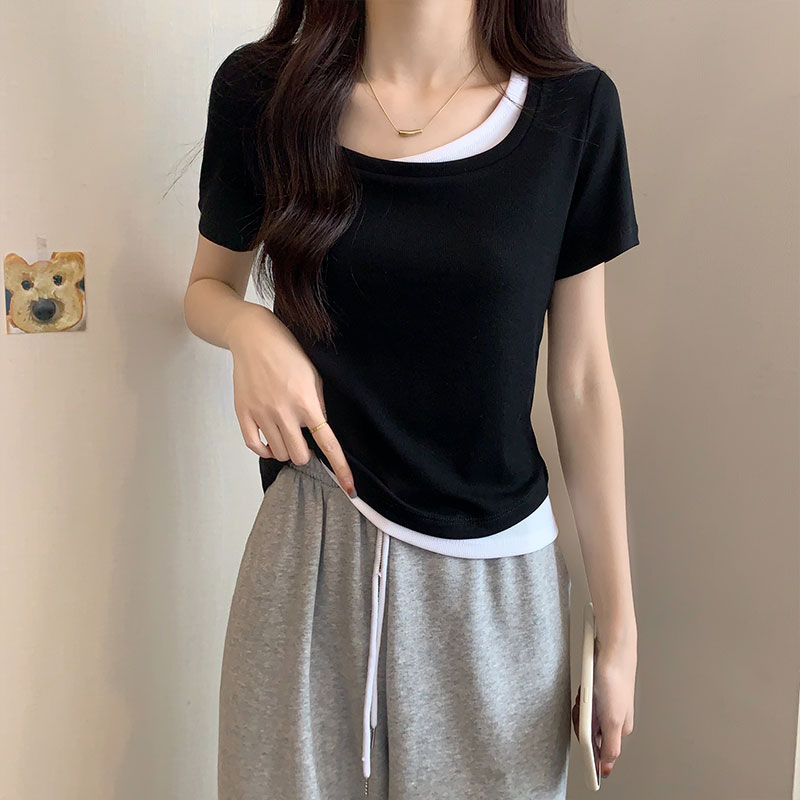 方領短袖t恤女裝夏季2023新款設計感小眾修身純欲假兩件短款上衣